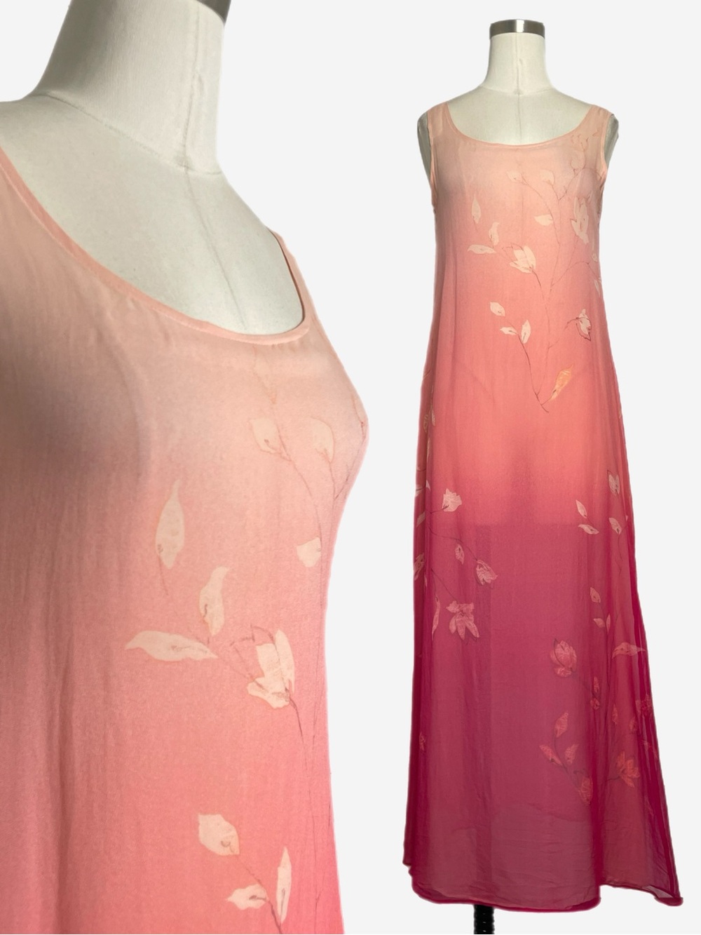 Vintage Y2K Jones NY pink orange ombre silk floral sheer maxi dress whimsical S